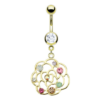 Piercing nombril dor� � fleur � pierres multi-colores