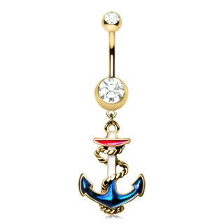 Piercing nombril dor� avec ancre de marine bleu blanc rouge