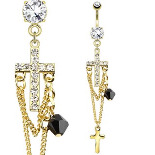 Piercing nombril dor� avec croix, chaines et breloques