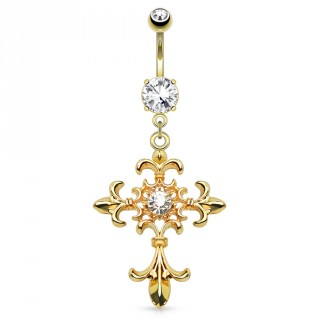 Piercing nombril dor� avec croix sertie � fleurs de Lys