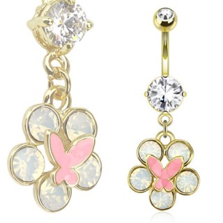 Piercing nombril dor� avec papillon rose sur fleur