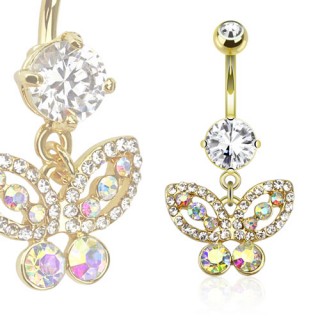 Piercing nombril dor� avec pendentif papillon pav� de pierres