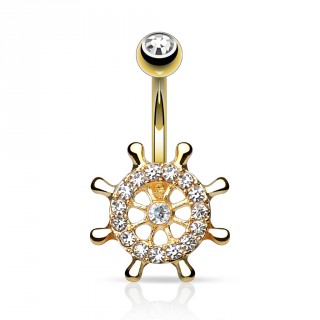 Piercing nombril dor� avec roue de bateau pav� de strasse