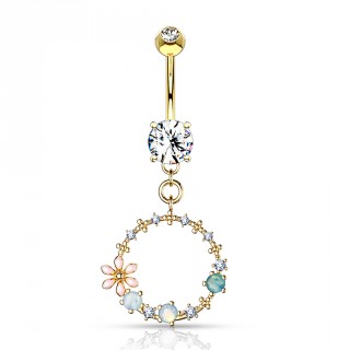 Piercing nombril dor� � cercle de fleurs multicolores