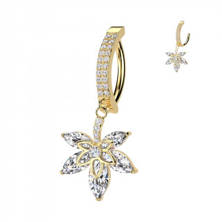 Piercing nombril dor� � charni�re avec feuille de cannabis suspendue