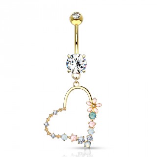 Piercing nombril dor� � coeur de fleurs multicolores