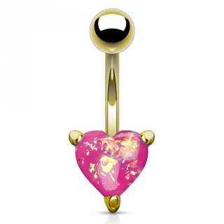 Piercing nombril dor� � coeur d'opale rose