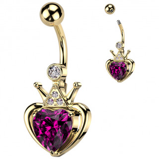 Piercing nombril dor� � coeur rose couronn�