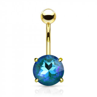 Piercing nombril dor� � cristal rond facett� - Bleu Aqua
