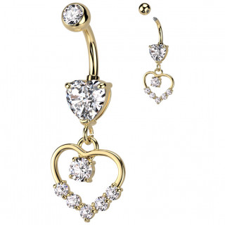 Piercing nombril dor� double coeur zirconiums