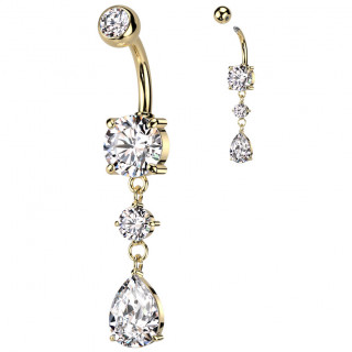 Piercing nombril dor� double pendentif zirconiums rond et goutte