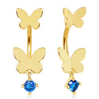 Piercing nombril dor� � embouts papillons et strass bleu