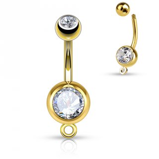 Piercing nombril dor� en acier � boules serties et anneau � pendentif