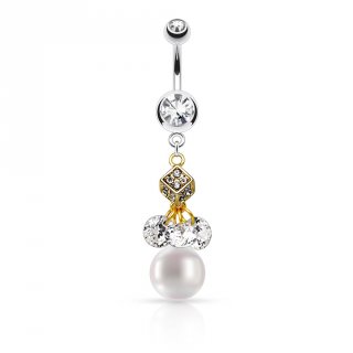 Piercing nombril dor� et argent� � d�s, strass et perle