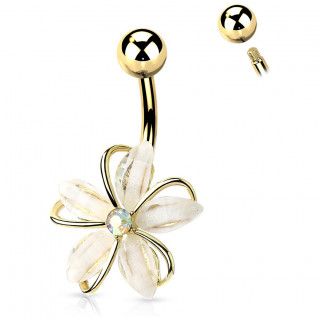Piercing nombril Dor� � fleur blanche sertie