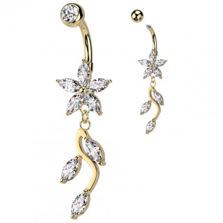 Piercing nombril dor� � fleur de zirconiums et feuilles en pendentif