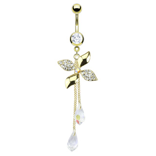 Piercing nombril dor� fleur ondul�e avec pendentifs de cristal
