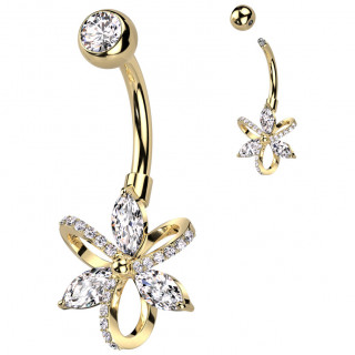 Piercing nombril dor� fleur � p�tales zirconiums et boucles pav�es