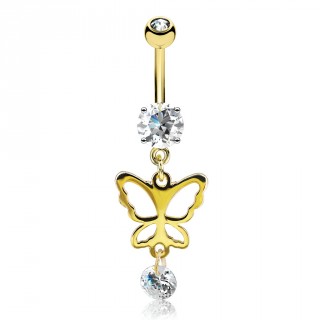 Piercing nombril dor� � papillon et strass suspendus