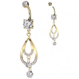 Piercing nombril dor� quadruple pendentif gouttes et zirconiums