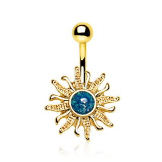 Piercing nombril dor� soleil ardent avec Opale bleue