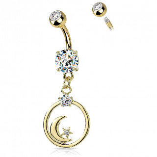 Piercing nombril Dor� strass � lune et �toile cercl�es
