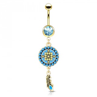 Piercing nombril dor� style Azt�ques bleu et jaune � plume