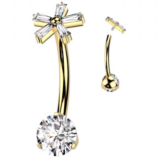 Piercing nombril dor� Titane � fleur de Zirconiums et pierre griff�e (filetage interne)