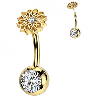 Piercing nombril dor� Titane push-in � � fleur de lotus et boule sertie