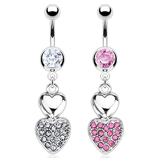 Piercing nombril double coeur pav� de pierres