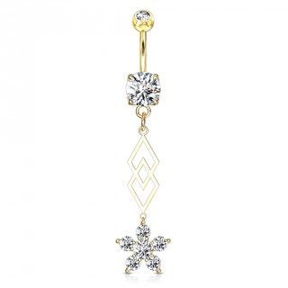 Piercing nombril double pendentif losanges et fleur - Plaqu� or