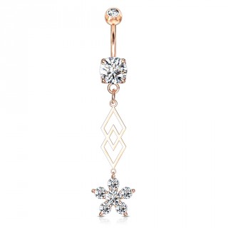 Piercing nombril double pendentif losanges et fleur - Plaqu� or rose