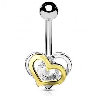 Piercing nombril duo de coeurs bicolore � strass clair