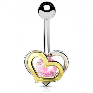 Piercing nombril duo de coeurs bicolore � strass rose