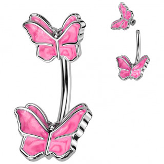 Piercing nombril duo de papillons emaill�s de rose