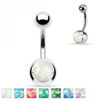Piercing nombril en acier � boules et opale de synth�se