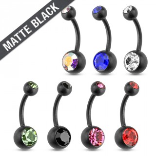 Piercing nombril en acier noir mat � boules serties