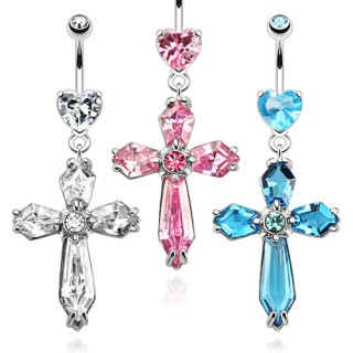 Piercing nombril en croix serties de pierres taill�es