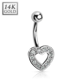 Piercing nombril en or blanc 14 carats avec coeur ajour� pav� de zirconium