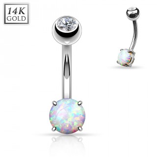 Piercing nombril en or blanc 14 carats avec petite Opale synth�tique