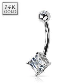 Piercing nombril en or blanc 14 carats � boule sertie et losange zirconium