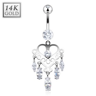 Piercing nombril en or blanc 14 carats � chandelier de coeur