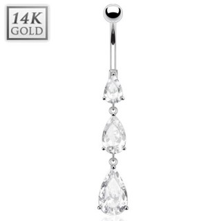 Piercing nombril en or blanc 14 carats � gouttes zirconium en cascade