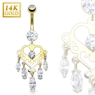 Piercing nombril en or 14 carats � chandelier de coeur