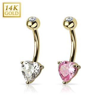 Piercing nombril en or 14 carats � coeur et boule sertie