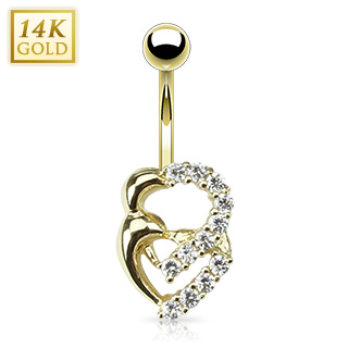 Piercing nombril en or 14 carats � coeurs crois�s avec zirconiums