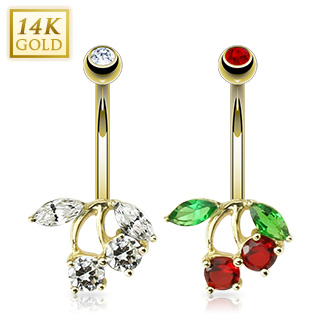 Piercing nombril en or 14 carats � paire de cerises et feuilles serties