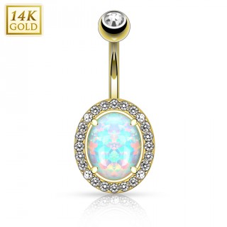 Piercing nombril en or jaune 14 carats � Opale synth�tique ovale