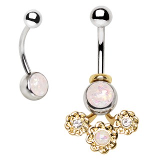 Piercing nombril 2en1 serti strass et �cailles + fleurs