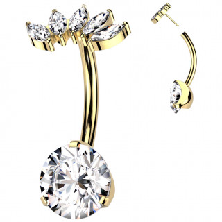Piercing nombril en Titane dor� � arc de zirconiums en amandes (push-in)